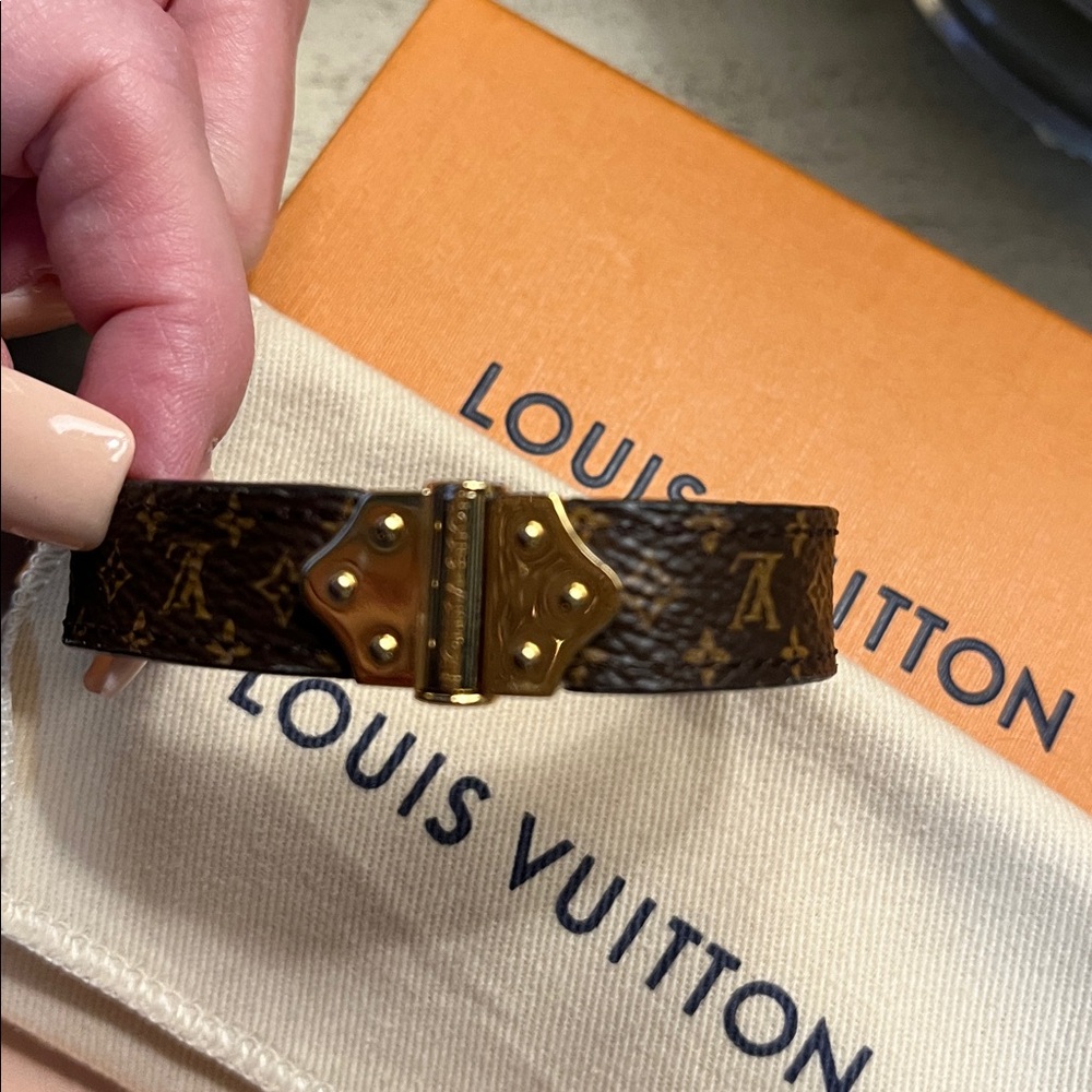 Louis Vuitton Brown Monogram Leather Bracelet with Gold Accents